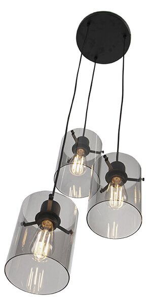 Lampă suspendată de design neagră cu sticlă fumurie cu 3 lumini - Dome