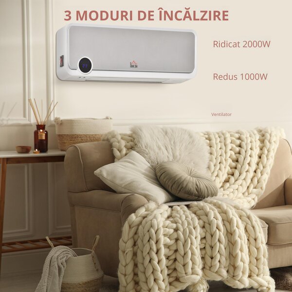 HOMCOM Aerotermă de Perete cu 3 Moduri, Timer 12h și Oscilație 30°, 56x18,5x11,7 cm, Argintiu | Aosom Romania
