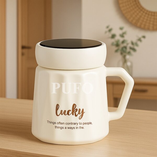 Cana din ceramica cu capac Pufo Inspire pentru cafea sau ceai, 350 ml, alb