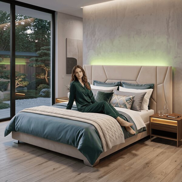 KONDELA Pat cu somieră şi iluminare LED, 160x200, ţesătură Velvet bej, ALTESA