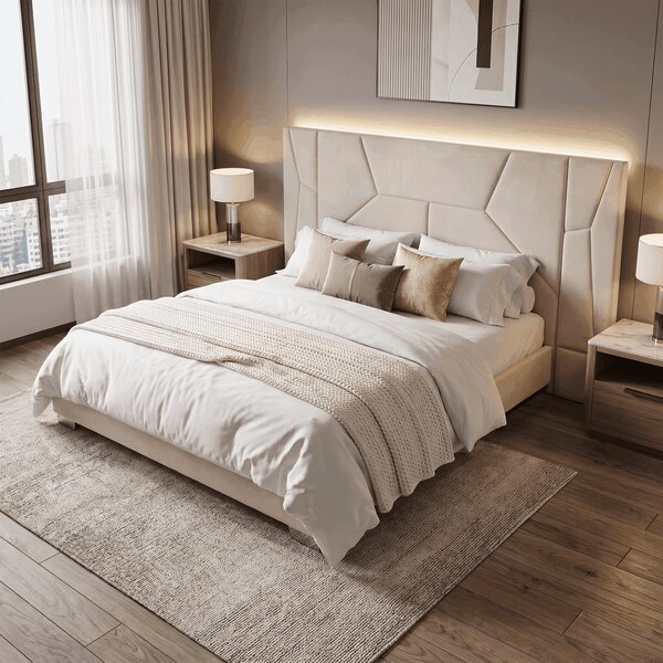 KONDELA Pat cu somieră şi iluminare LED, 160x200, ţesătură Velvet bej, ALTESA