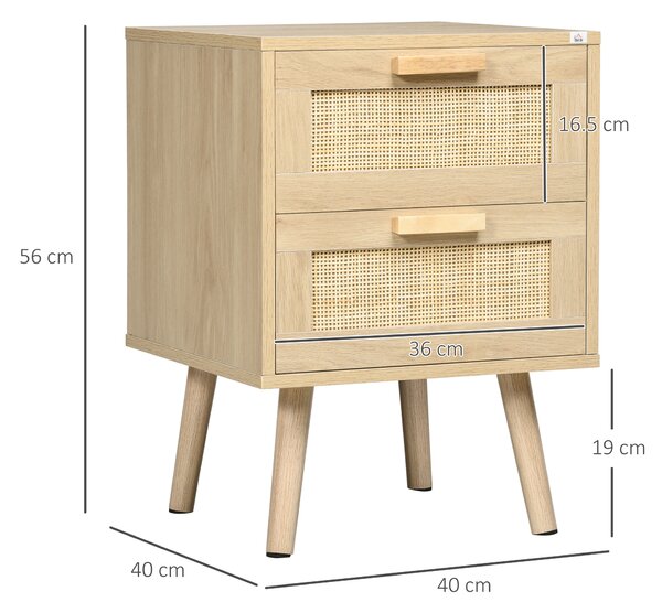 HOMCOM Noptiera pentru Dormitor cu 2 Sertare, Masuta de cafea in Stil Boho Elegante, 40x40x56cm, Culoare Lemn Natur | Aosom Romania