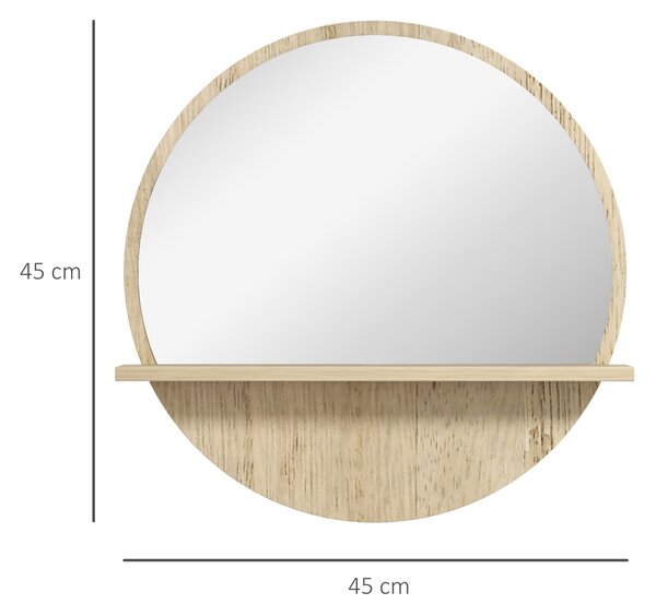 Kleankin Oglindă de Baie Rotundă din PAL și Sticlă cu Raft pentru Depozitare și 2 Cârlige pentru Fixare, Ø45x10 cm, Lemn Natural | Aosom Romania