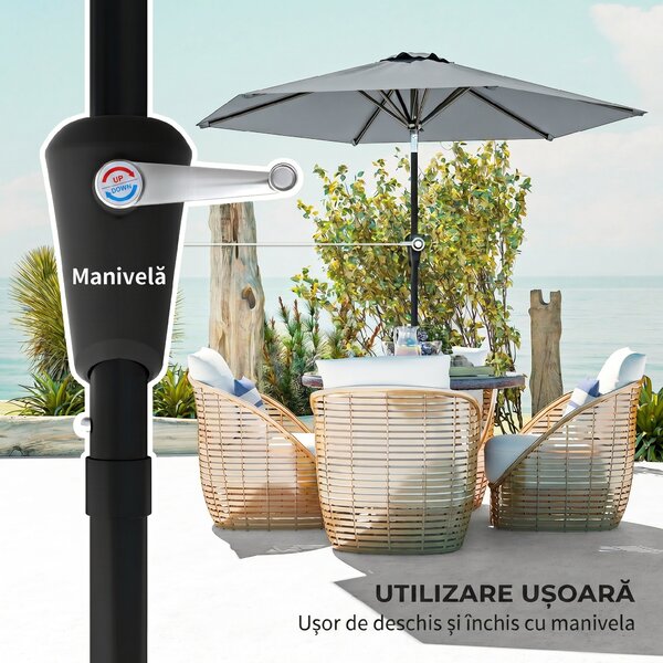 Outsunny Umbrelă Inclinabilă pentru Grădină și Terasă 2.3x2m cu Deschidere Ușoară prin Manivelă, Structură Metalică și 6 Stinghii, Gri | Aosom Romania