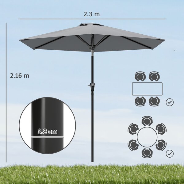 Outsunny Umbrelă Inclinabilă pentru Grădină și Terasă 2.3x2m cu Deschidere Ușoară prin Manivelă, Structură Metalică și 6 Stinghii, Gri | Aosom Romania