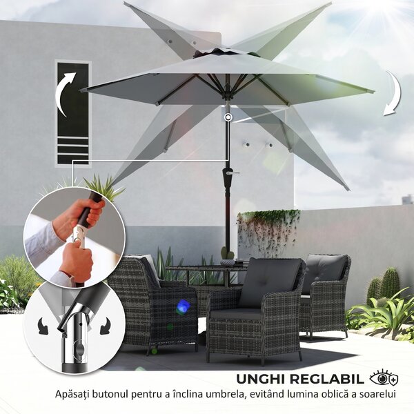 Outsunny Umbrelă Inclinabilă pentru Grădină și Terasă 2.3x2m cu Deschidere Ușoară prin Manivelă, Structură Metalică și 6 Stinghii, Gri | Aosom Romania