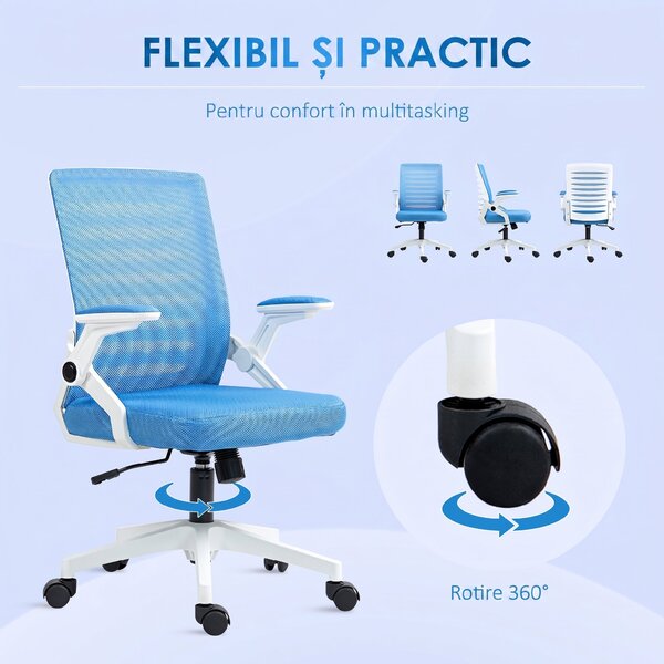 Vinsetto Scaun Ergonomic Reglabil pe Înălțime cu Cotiere de Ridicare, Scaun de Birou Pivotant din Poliester, 54x54x89-99 cm, Albastru | Aosom Romania