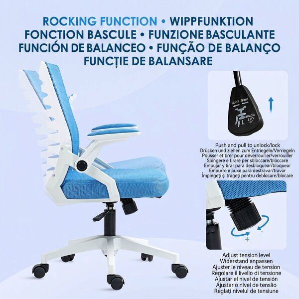 Vinsetto Scaun Ergonomic Reglabil pe Înălțime cu Cotiere de Ridicare, Scaun de Birou Pivotant din Poliester, 54x54x89-99 cm, Albastru | Aosom Romania