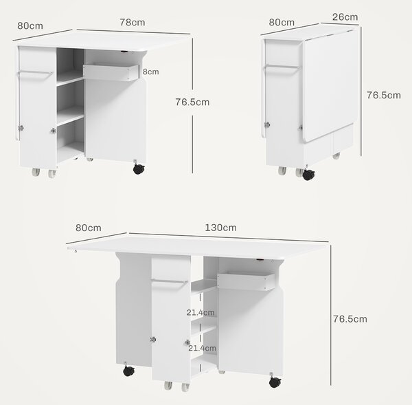 HOMCOM Masă pliabilă cu 2 frunze picătură și spațiu de depozitare, 3 rafturi, pentru 6 persoane, extensibilă, 130x80x76.5 cm | Aosom Romania