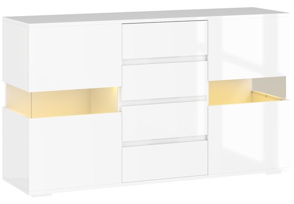 HOMCOM Bufet cu Lumini LED Reglabile prin Telecomandă, Mobilier de Sufragerie cu 4 Sertare și 2 Dulapuri, 120x34x70 cm, Alb | Aosom Romania