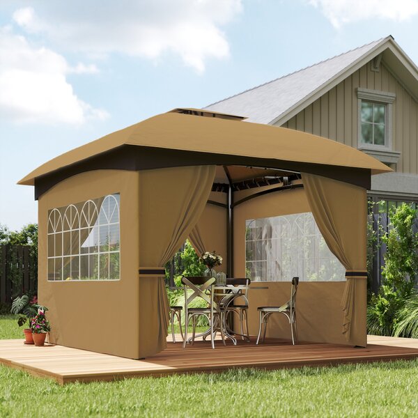 Outsunny Pavilion de Grădină cu Copertină, Perdele, Ferestre și Acoperiș Ventilat, 335x335x285 cm, Bej | Aosom Romania