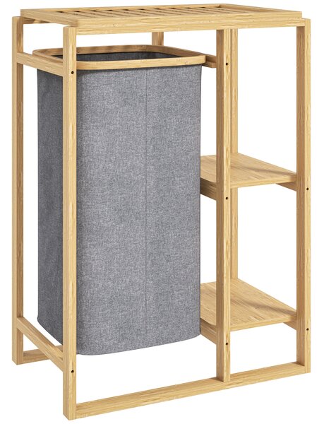 HOMCOM Coș Portabil pentru Rufe cu Sac Detașabil, Dulap Portabil pentru Rufe cu Rafturi din Bambus, 50x32x70 cm, Gri | Aosom Romania