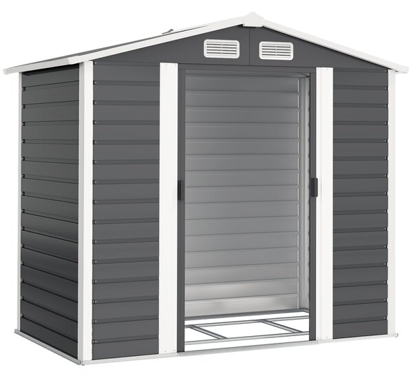 Outsunny Magazie de Grădină din Tablă de Oțel cu 4 Orificii de Ventilație și 2 Uși Glisante, 213x120x194 cm, Gri Închis | Aosom Romania
