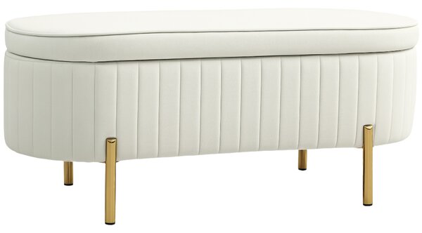 HOMCOM Bancă de Depozitare de Intrare Ovală 72L, Design Canelat cu Capac Rabatabil și Scaun Capitonat, Bancă de la Capătul Patului, Pouf, în Velur și cu Picioare din Lemn de Pin, 108x44x43.5 cm, Crem | Aosom Romania
