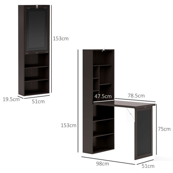 HOMCOM Birou Modern Pliabil cu Bibliotecă și Tablă, din Lemn și Metal, 98x51x153 cm, Maro | Aosom Romania