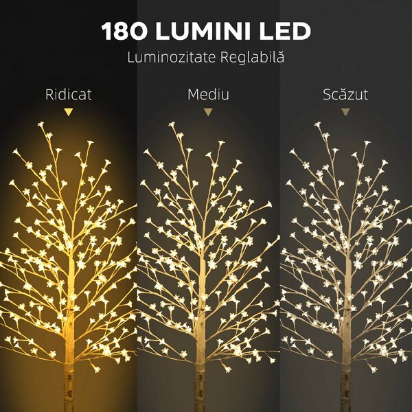 HOMCOM Brad de Mesteacăn cu 180 de Lumini LED Înălțime 180cm 3 Nivele de Luminozitate Alb | Aosom Romania