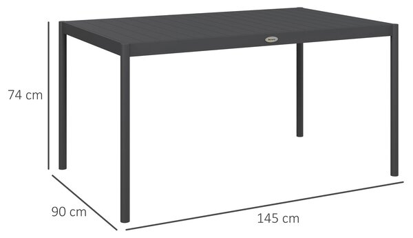 Outsunny Masă de Grădină cu Lamele, Dimensiuni 145x90 cm, Masă de Dining pentru 6 Persoane, Rectangulară, din Aluminiu și Oțel, pentru Curte, Terasă, Balcon și Exterior, Gri Închis | Aosom Romania