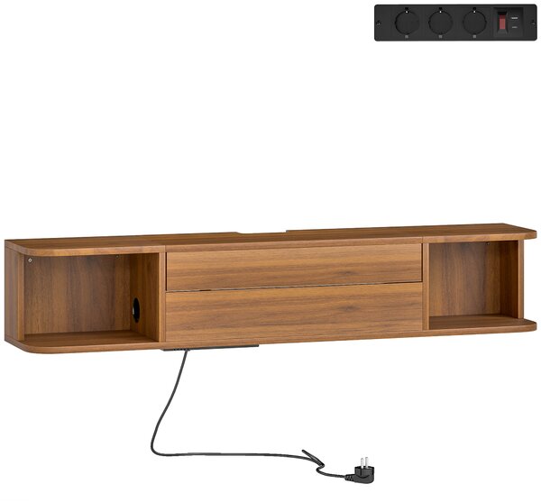 HOMCOM Suport TV suspendat până la 50" cu prize de curent, USB și tip C, sertar și rafturi, 120x24x22.4 cm, Nuc | Aosom Romania