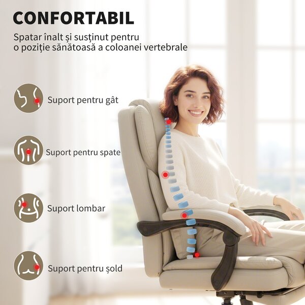 HOMCOM Scaun de birou reclinabil din piele ecologică, cu suport pentru picioare și roți, 65x67x111-119 cm, bej | Aosom Romania