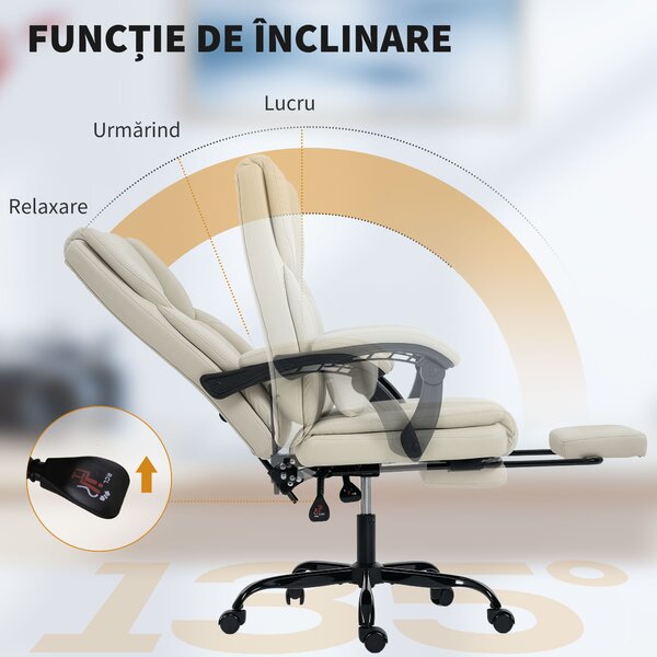 HOMCOM Scaun de birou reclinabil din piele ecologică, cu suport pentru picioare și roți, 65x67x111-119 cm, bej | Aosom Romania