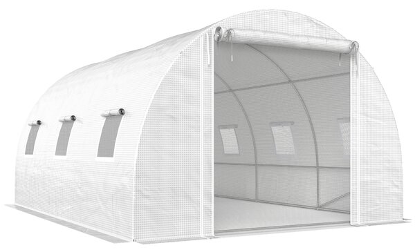 Outsunny Seră de Grădină Tip Tunel 4x3x2 m cu 2 Bare Detașabile, Uși Rulabile și Ferestre cu Plasă, Seră pentru Grădină de Legume și Flori, Structură din Oțel Zincat și Acoperire PE, Alb | Aosom Romania