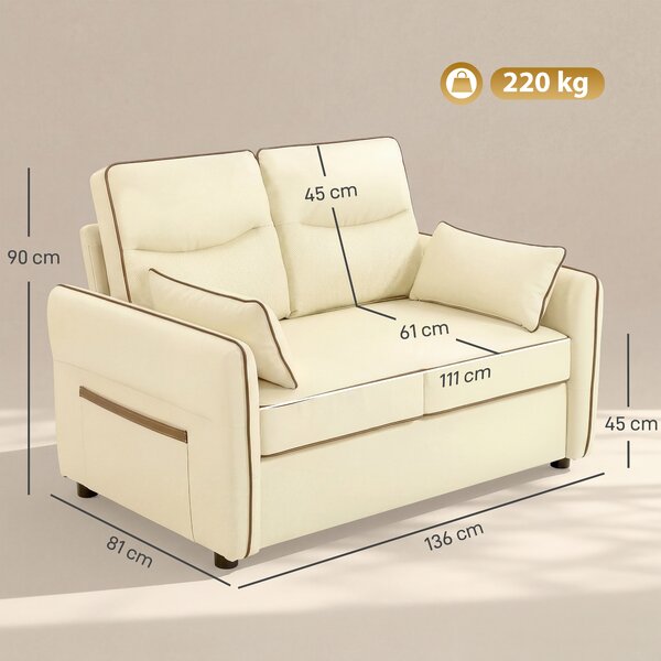 HOMCOM Canapea 2 Locuri din Piele Ecologică cu Umplutură Groasă, Buzunar Lateral și 2 Perne, 136x81x90 cm, Bej | Aosom Romania