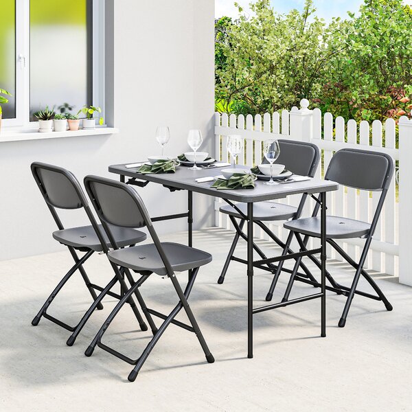 Outsunny Set Masă și Scaune Pliabile de Grădină, 5 Piese, Masă Reglabilă cu Blat HDPE Efect Lemn și 4 Scaune, Set Mobilier Exterior pentru Terasă și Balcon, Gri Închis | Aosom Romania