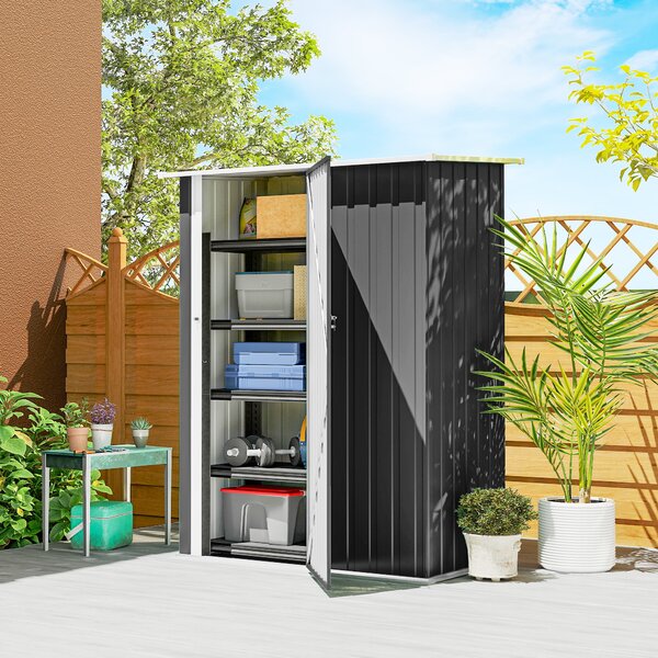 Outsunny Căsuță de Grădină 1.07m² din Oțel Zincat, Adăpost pentru Unelte cu Ușă Blocabilă, Acoperiș Înclinat, 142x86x189 cm, Gri Închis | Aosom Romania
