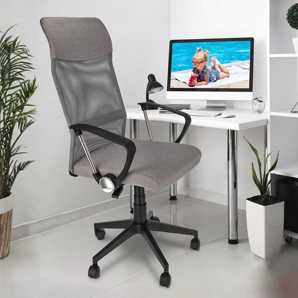 Scaun de birou ergonomic ZOOM, pivotant, cu brațe, mesh respirabil și șezut tapițat, reglabil pe înălțime, gri deschis/negru