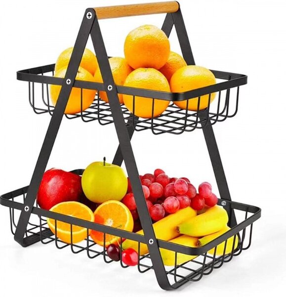 Coș metalic etajat pentru fructe și legume Ruhhy - Fructieră cu 2 niveluri și mâner din lemn