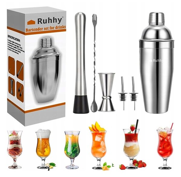 Set barman pentru cocktailuri Ruhhy - Shaker 700ml din oțel inoxidabil cu accesorii