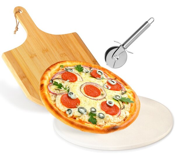 Set 3 piese pentru pizza: piatră ceramică pentru copt Vilde - suport din lemn de salcâm (acacia) și tăietor rotativ