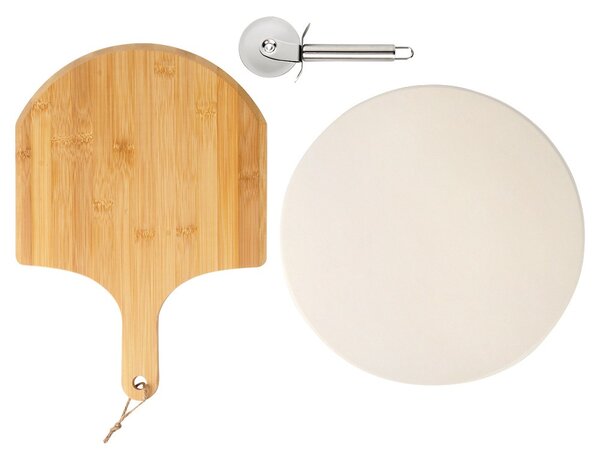 Set 3 piese pentru pizza: piatră ceramică pentru copt Vilde - suport din lemn de salcâm (acacia) și tăietor rotativ