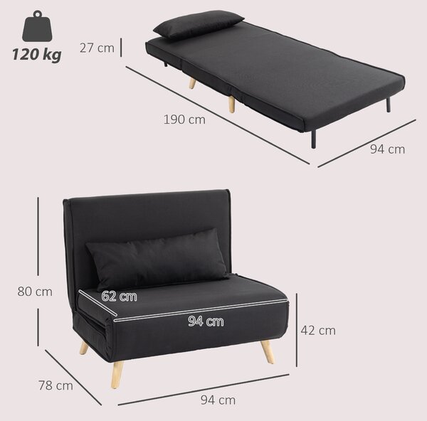 HOMCOM Fotoliu Pat Individual 3 în 1 cu Spătar Reglabil pe 6 Nivele și Pernă, Canapea Pat Pliant, 94x78x80 cm, Negru | Aosom Romania