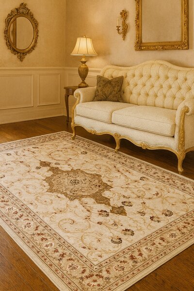 Covor Living Dormitor, Model Lotos 523 100 , Crem Dreptunghi, Crem, 80x200