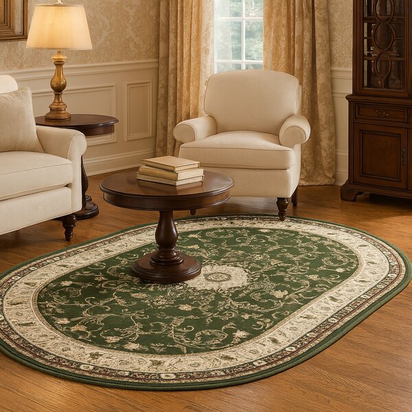 Covor Clasic Sufragerie, Model Lotos 523, Oval, Verde Verde, Oval, 60x110