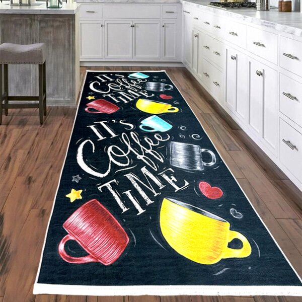 Traversa bucatarie antiderapanta, 80x300 cm, poliester, negru, It, s Coffee Time