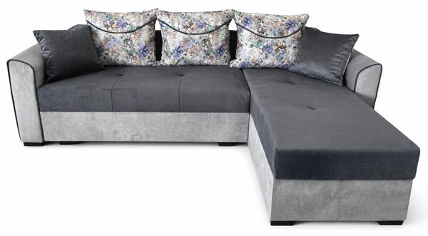 Coltar Lori, 4 locuri, cu 2 lazi de depozitare, catifea, 260x95x80 cm, culoare gri inchis cu gri deschis Dreapta, catifea, Gri Inchis + Gri Deschis