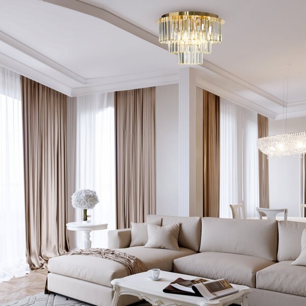 Milagro Lighting Plafonieră Milano, Ø 45 cm, auriu/cristal, sticlă, 6 x E14, Auriu / Alamă, Camera de zi / sufragerie, Sticlă