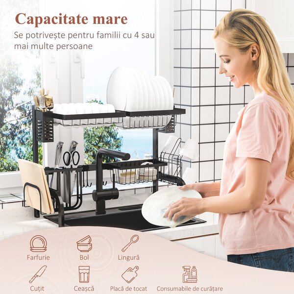 HOMCOM Uscător de Vase de Tip Stand Modular cu 2 Nivele 65x31.5x52.5 cm Negru | Aosom Romania