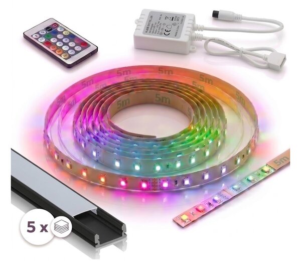 SET 1x bandă LED RGBW DIGITAL LED/16,5W/230V, 5 m + 5x profil încastrat de 1 m + telecomandă