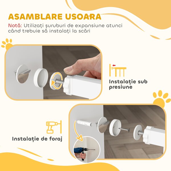 PawHut Poartă pentru Câini, Barieră Largă pentru Scări cu Ușă, 76x75-95 cm, Alb | Aosom Romania