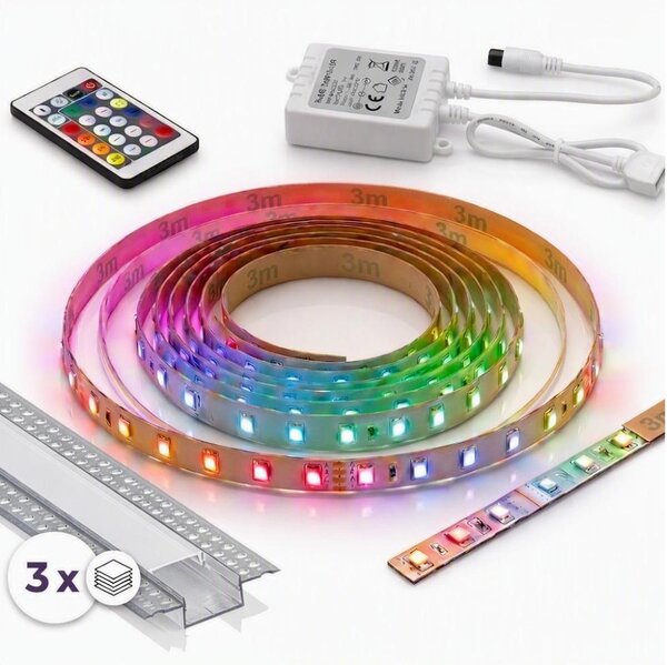 SET 1x bandă LED digitală RGBW, 9,6 W/230 V, 3 m + 3x profil încastrat de 1 m + telecomandă