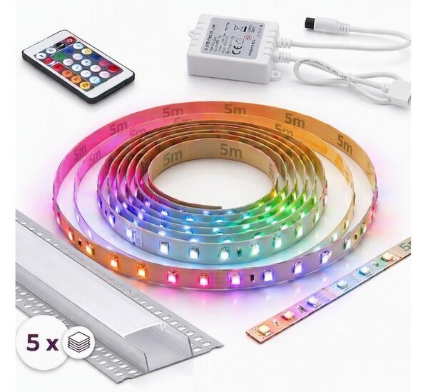 Set 1x bandă LED RGBW digitală, 16,5W/230V, 5 m + 5x profil încastrat 1 m + telecomandă