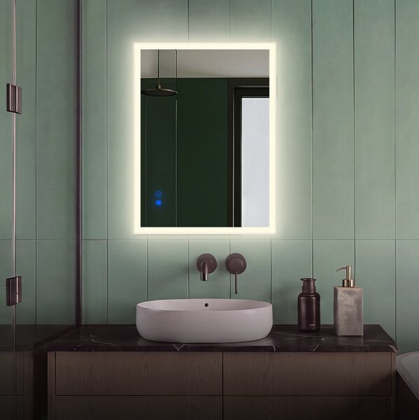 Oglindă dreptunghiulară LED pentru baie 80x60, 60x80 cm, cu Dual Color, întrerupător tactil și covoraș de încălzire