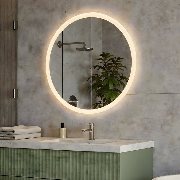 Oglindă rotundă LED pentru baie de 80 cm, cu Dual Color, întrerupător tactil și covoraș de încălzire