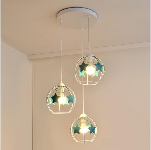 Lustră pe cablu pentru copii STARS 3xE27/15W/230V turcoaz/alb
