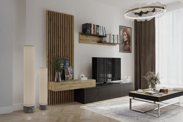 Bibliotecă modulară Lucimo 250 cm cu lamele – negru / stejar artisan