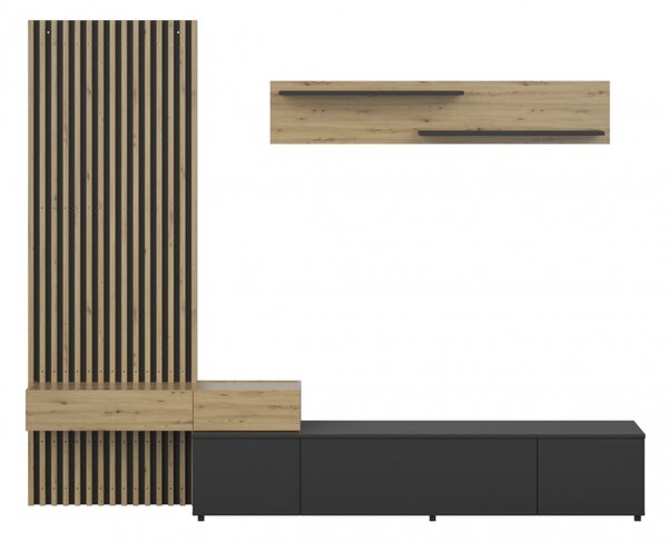 Bibliotecă modulară Lucimo 250 cm cu lamele – negru / stejar artisan