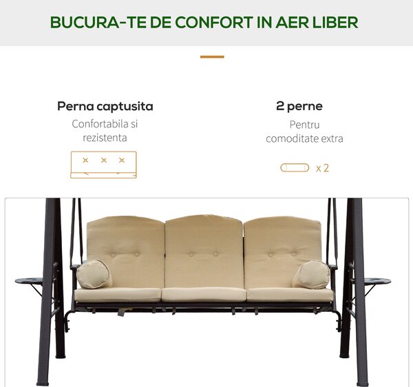 Leagan 3 locuri Outsunny, cu acoperis si perne captusite bej | Aosom Romania